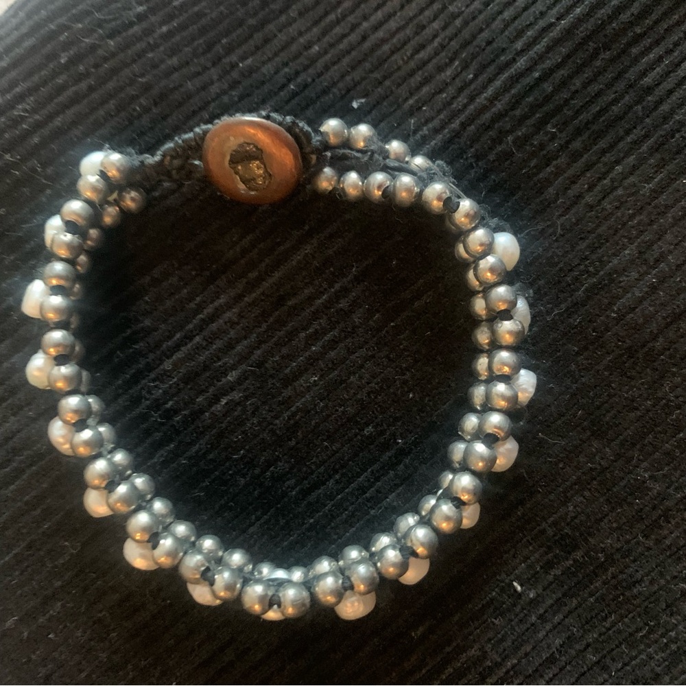 Handcrafted Small pearl Beaded Women's Bracelet - Black Cord
